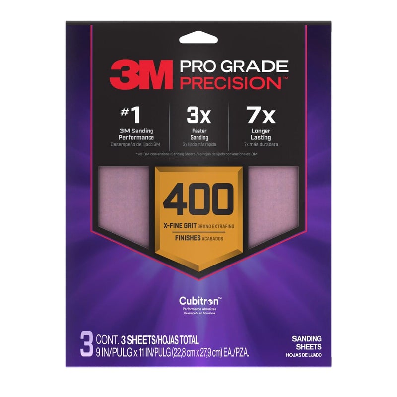 3M SHR400-PGP-3T Pro Grade Precision Faster Sanding, Sanding Sheets, 400-Grit Extra-Fine, 9"" x 11"", 3-Pack - Image 1